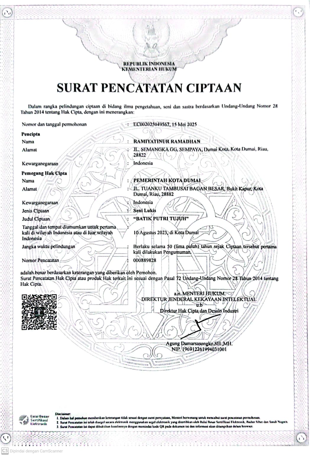 Bidang Pemberdayaan dan Pengembangan Koperasi serta Usaha Mikro telah berhasil memfasilitasi penerbitan empat sertifikat Hak Cipta Batik yang terdaftar atas nama Pemerintah Kota Dumai
